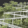 Scenic Park Landscape With Winding Elevated Walkways Lush Green Trees And Grass Hills