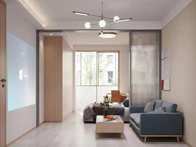 Modern Apartment Living Room With Open Layout Blue Sofa Coffee Table And Natural Light 3d model