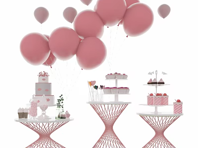 Pastel Pink Balloons And Dessert Table Setup With Tiered Cake Cupcakes And Pastries 3d model