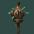 Ornate Mythical Weapon With Wooden Handle Green Decorative Spikes And Metallic Top Structure