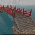 Red Railing Bridge With Wooden Deck And Stone Steps Over Blue Water On Rocky Base