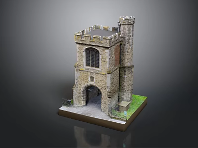 Ancient Stone Castle Gateway with Crenellated Tower and Archway on Green Base Model 3d model