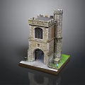 Ancient Stone Castle Gateway with Crenellated Tower and Archway on Green Base Model