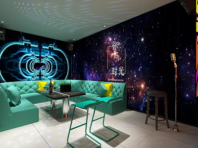 KTV Private Room With Blue Sofa Starry Sky Themed Wall Table Standing Microphones And Drinks 3d model