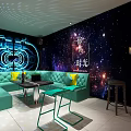 KTV Private Room With Blue Sofa Starry Sky Themed Wall Table Standing Microphones And Drinks