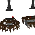 Round And Rectangular Dining Table Set With Wooden Stools Brick Structure And Red Decor 3d model
