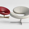 Modern Curved Leather Accent Chairs with Red Cream Colors and Metal Bases
