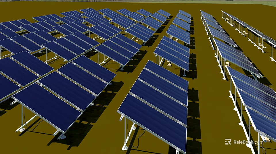 Large Solar Panel Array For Daily Use Appliances Installed On Green Ground 3d model