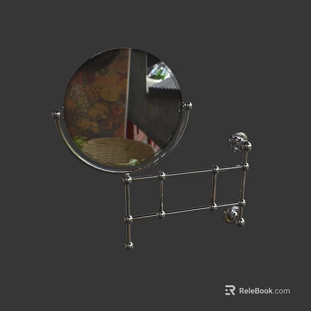Round Chrome Metal Wall Mounted Mirror with Decorative Stand and Reflective Surface 3d model 