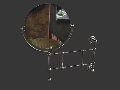 Round Chrome Metal Wall Mounted Mirror with Decorative Stand and Reflective Surface 3d model