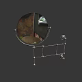Round Chrome Metal Wall Mounted Mirror with Decorative Stand and Reflective Surface