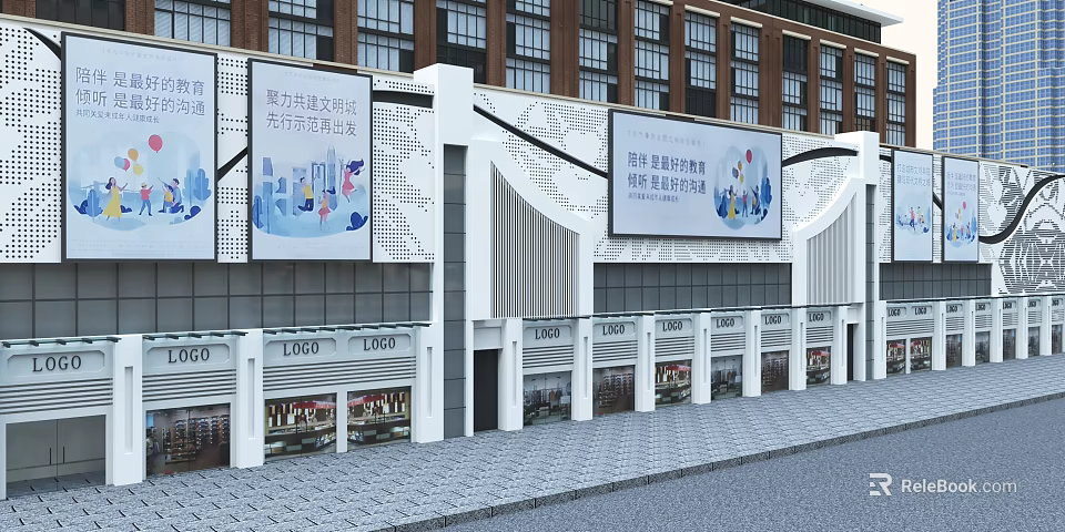 Modern Commercial Street With Stylish Building Facade Retail Shops And Large Billboards 3d model 