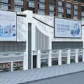 Modern Commercial Street With Stylish Building Facade Retail Shops And Large Billboards