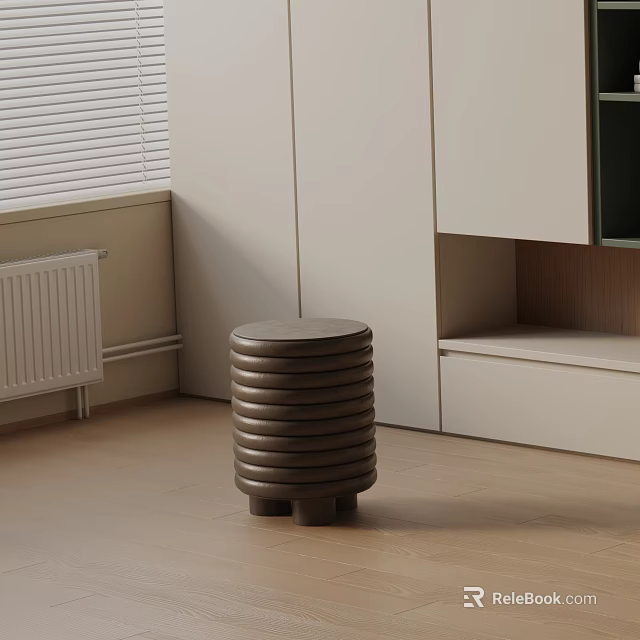 Brown Layered Stacked Side Table With Round Top In Light Cabinets Interior And Window Blinds 3d model 