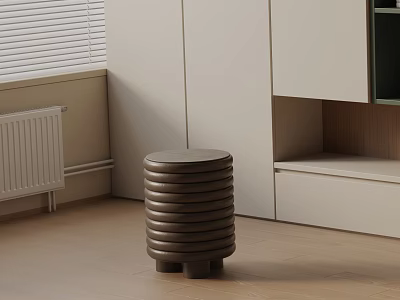 Brown Layered Stacked Side Table With Round Top In Light Cabinets Interior And Window Blinds 3d model