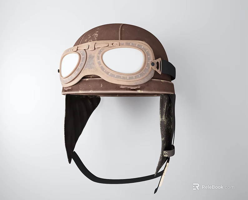 Vintage Brown Leather Flight Helmet With Goggles Classic Retro Pilot Aviation Gear 3d model 