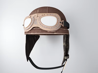 Vintage Brown Leather Flight Helmet With Goggles Classic Retro Pilot Aviation Gear 3d model