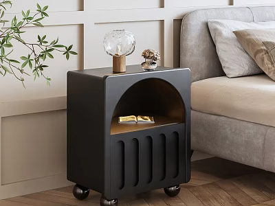 Modern Black Bedside Table With Wheels Arched Open Compartment Books And Glass Lamp 3d model