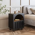 Modern Black Bedside Table With Wheels Arched Open Compartment Books And Glass Lamp