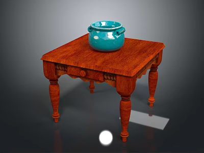 Reddish Brown Wooden Square Table with Carved Details Drawer and Blue Ceramic Jar on Top 3d model
