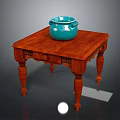 Reddish Brown Wooden Square Table with Carved Details Drawer and Blue Ceramic Jar on Top