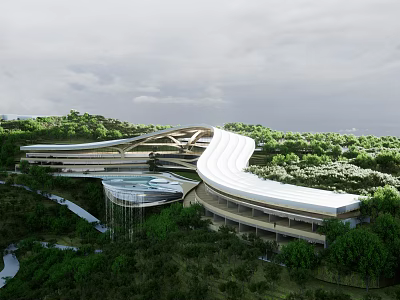 Modern Hotel Building With Curved Roof And Glass Curtain Walls In Mountainous Forest Setting 3d model