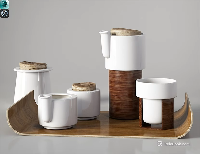 Modern White Ceramic Dinnerware Set With Wooden Lids And Tray 3d model