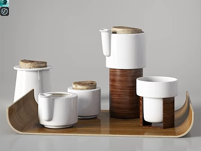 Modern White Ceramic Dinnerware Set With Wooden Lids And Tray 3d model
