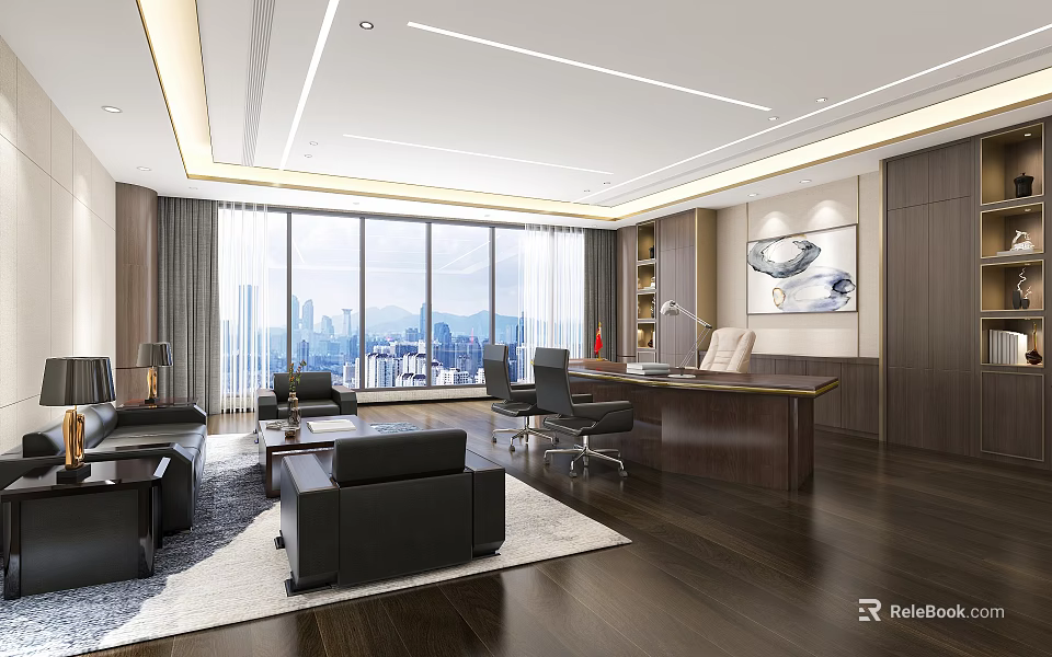 Luxurious Modern Office Interior With Large Windows City View And Wooden Floors 3d model 