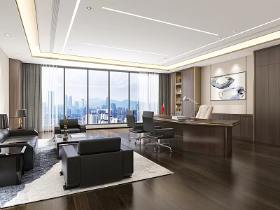 Luxurious Modern Office Interior With Large Windows City View And Wooden Floors 3d model