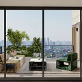 Luxurious Villa Balcony With Rattan Sofa Green Plants Wooden Floor And City View