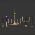 Golden Decorative Candelabra and Candlesticks as Home Furniture with Lit Candles and Dark Surface Reflections