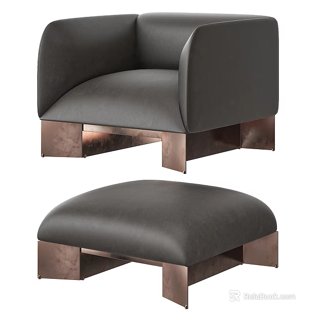 Modern Minimalist Gray Leather Single Sofa With Brass Legs And Ottoman 3d model 