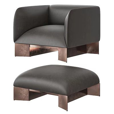 Modern Minimalist Gray Leather Single Sofa With Brass Legs And Ottoman 3d model