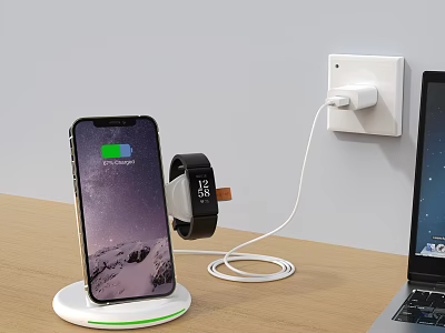 Smartphone On Wireless Charging Stand With Smartwatch Charging And Power Outlet Near Laptop 3d model