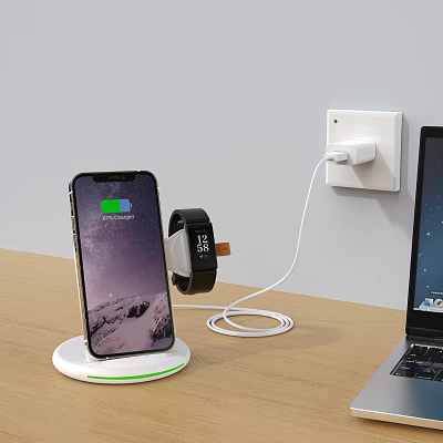 Smartphone On Wireless Charging Stand With Smartwatch Charging And Power Outlet Near Laptop 3d model