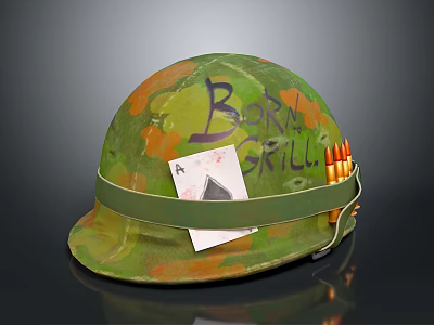 Green Camouflage Military Helmet with Born to Grill Writing Playing Card and Bullets 3d model