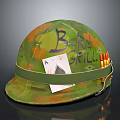 Green Camouflage Military Helmet with Born to Grill Writing Playing Card and Bullets
