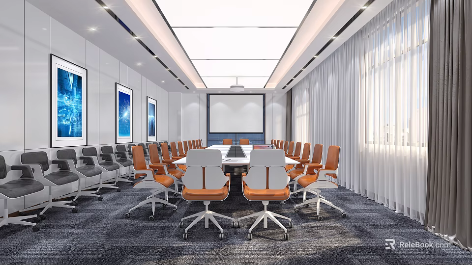 Modern Conference Room Interior Featuring Long Table Orange Gray Chairs Blue Paintings Projection Screen White Curtains 3d model 