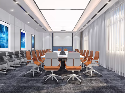 Modern Conference Room Interior Featuring Long Table Orange Gray Chairs Blue Paintings Projection Screen White Curtains 3d model