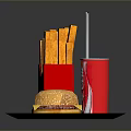 Cheeseburger With Sesame Bun Red Packaged French Fries And Coca Cola Drink With Straw On Paper Plate