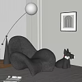 Gray Velvet Armchair With Floor Lamp Dog Figurine And White Wall Blinds