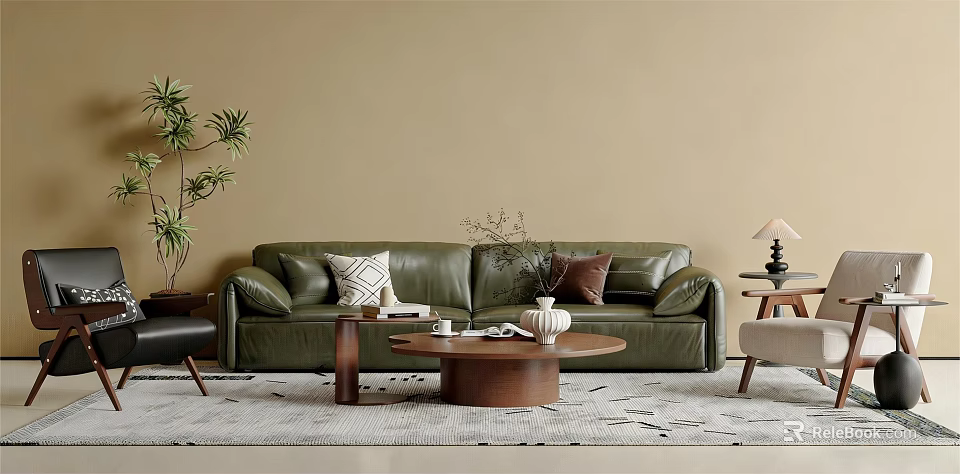 Modern Green Leather Sofa and Coffee Table Set with Throw Pillows and Decorative Items 3d model 