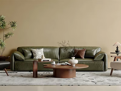 Modern Green Leather Sofa and Coffee Table Set with Throw Pillows and Decorative Items 3d model