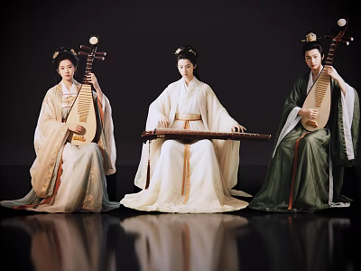 Game Film Characters Wearing Traditional Ancient Costumes Playing Pipa And Guzheng 3d model
