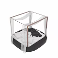 Elegant Double Bed With Wooden Frame White Canopy And Black Blanket
