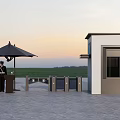 Security Entrance Area With Guard Black Umbrella Barrier Gates Booth And Sunset
