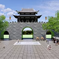 Ancient Chinese Architecture City Gate Tower Featuring Stone Walls Curved Eaves Plaza And Trees