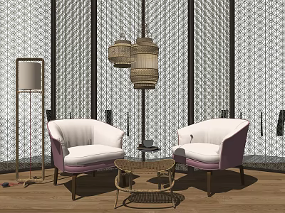 Casual Sofa Set With White Purple Armchairs Rattan Coffee Table Geometric Screen And Pendant Lights 3d model
