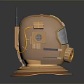 3D Model Orange Helmet Style Weapon With Metal Components Antenna Yellow Cables And Circular Base